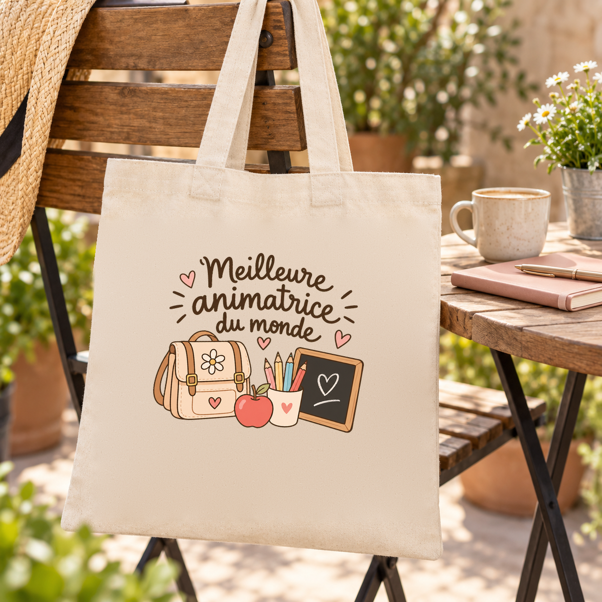 Tote bag animatrice « Meilleure animatrice du monde » Essentiel suspendu à une chaise en terrasse, à côté d'une tasse de café