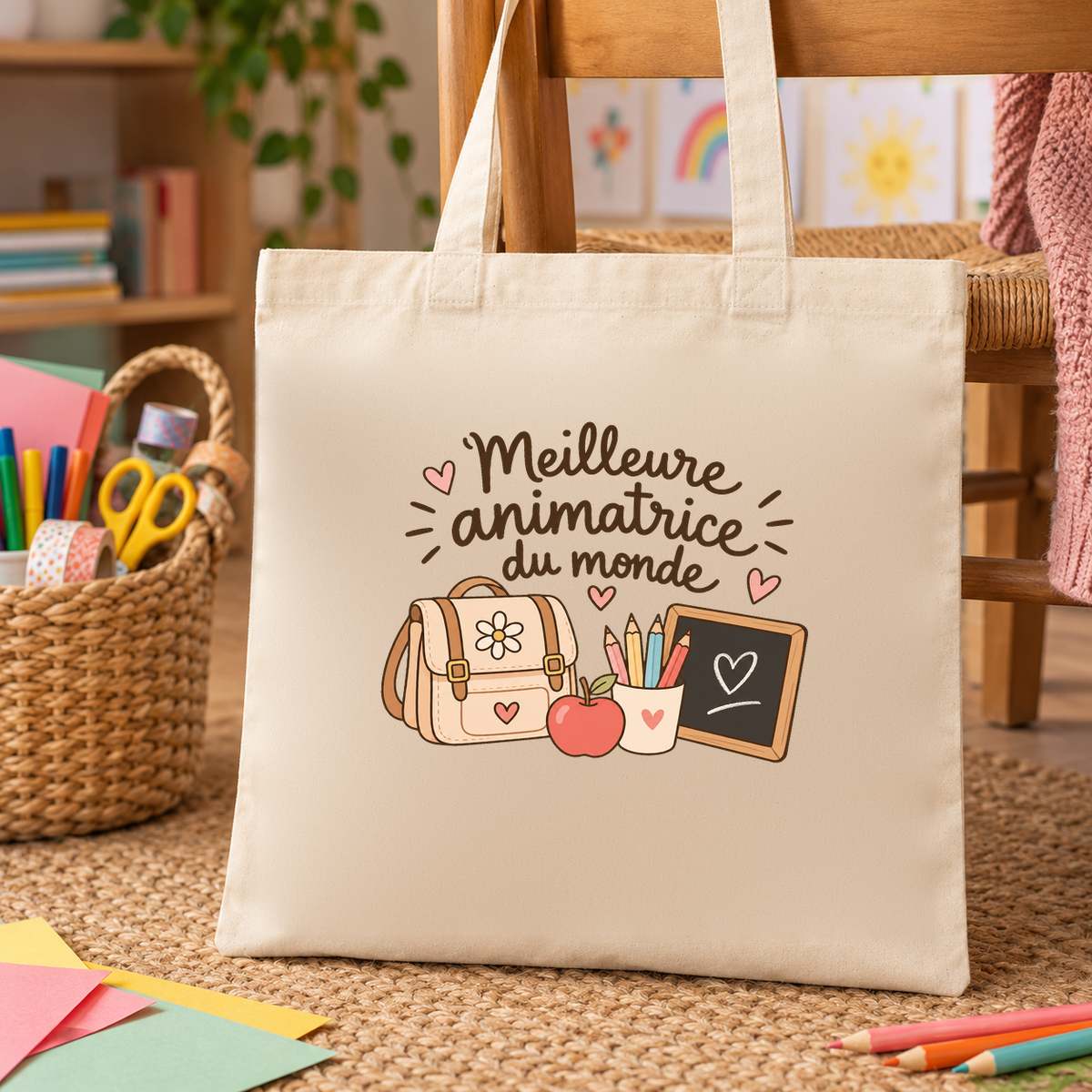 Tote bag animatrice « Meilleure animatrice du monde » Essentiel posé sur un tapis à côté d'un panier de fournitures de bricolage