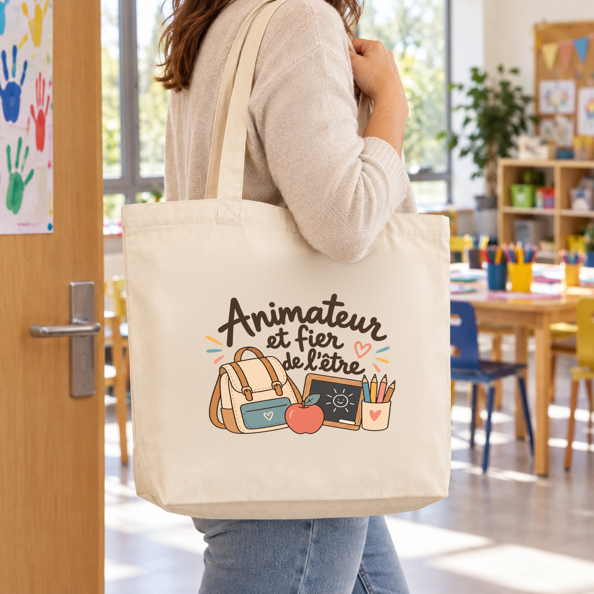 Tote bag animateur « Animateur et fier de l'être » Premium porté à l'épaule à la porte d'une salle d'activités