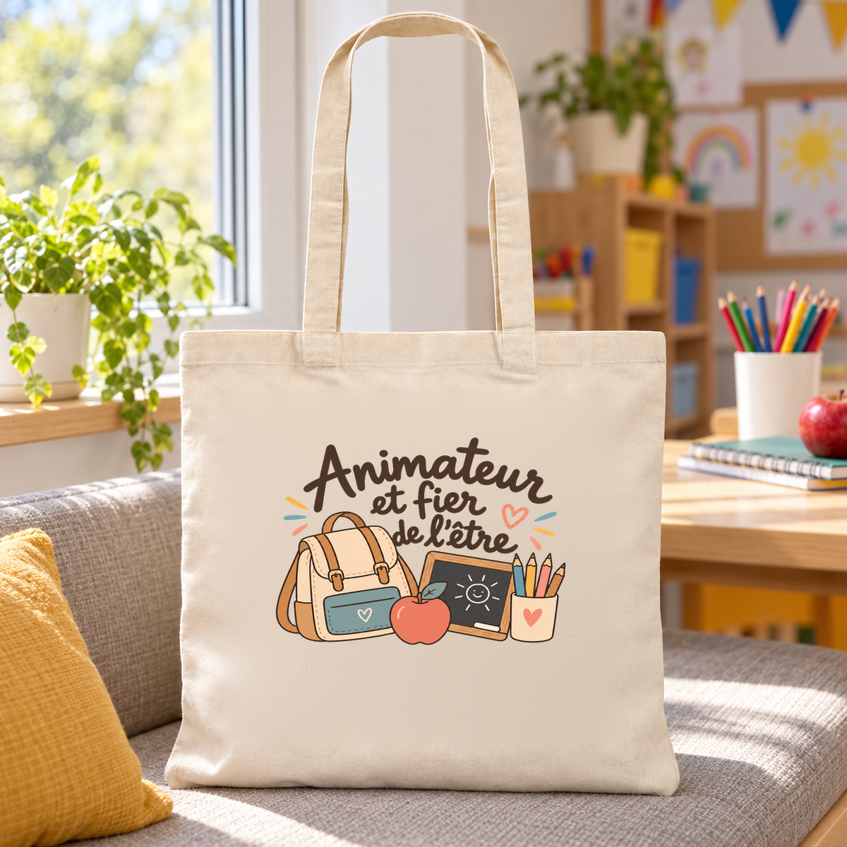 Tote bag animateur « Animateur et fier de l'être » Essentiel posé sur un banc à coussins dans une salle d'activités