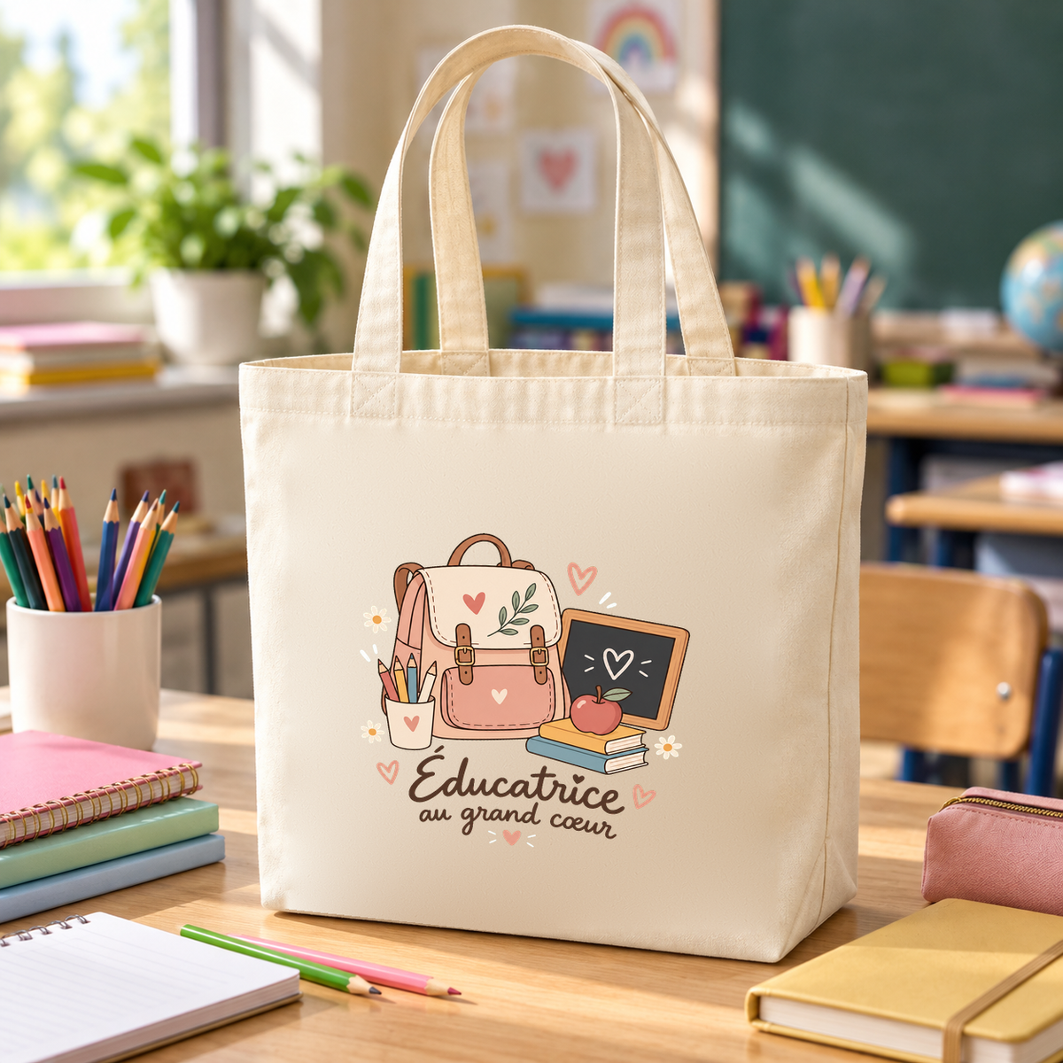Tote bag éducatrice spécialisée « Éducatrice au grand cœur » Premium posé sur un bureau, à côté de cahiers et de crayons de couleur