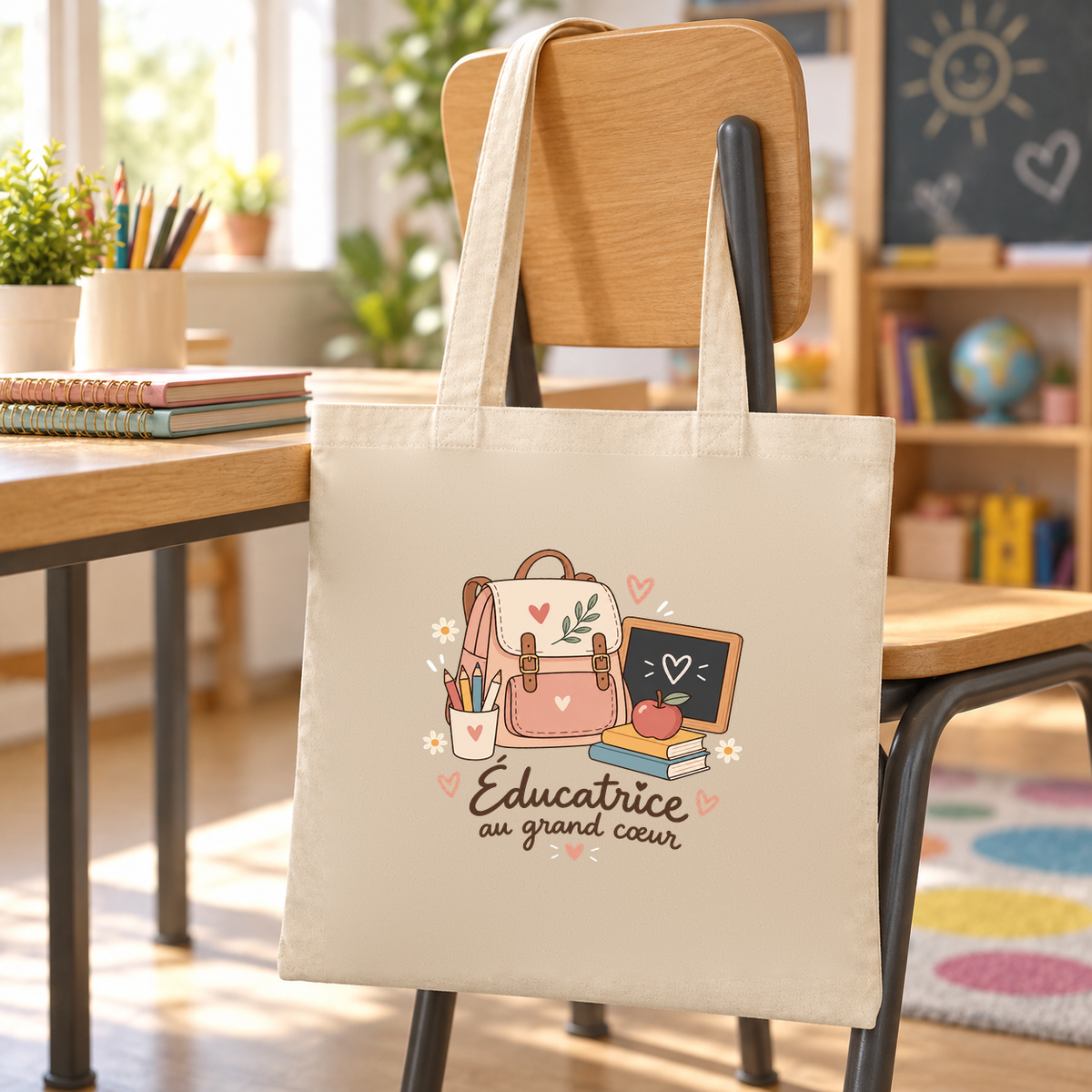 Tote bag éducatrice spécialisée « Éducatrice au grand cœur » Essentiel suspendu à une chaise près d'un bureau
