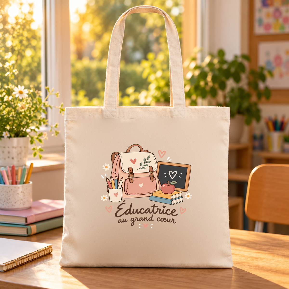 Tote bag éducatrice spécialisée « Éducatrice au grand cœur » Essentiel posé sur une table près d'une fenêtre ensoleillée