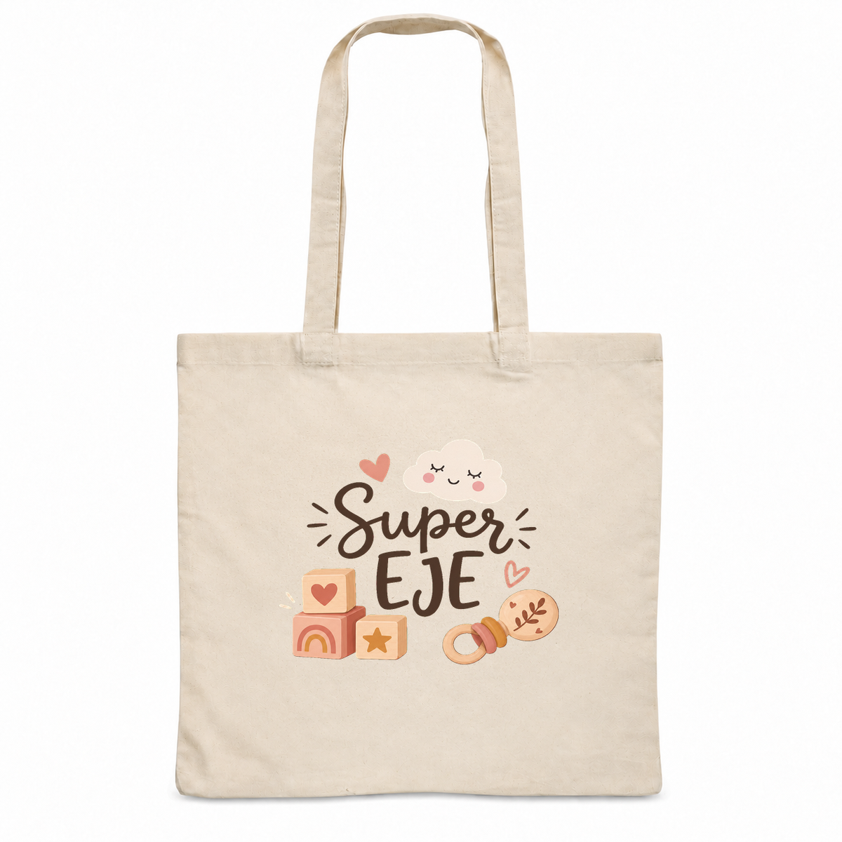 Tote bag éducatrice de jeunes enfants « Super EJE » Essentiel, sac plat en coton naturel 140 g/m² de 38 × 42 cm, illustration bohème de cubes en bois, d'un hochet, d'un petit nuage et de cœurs