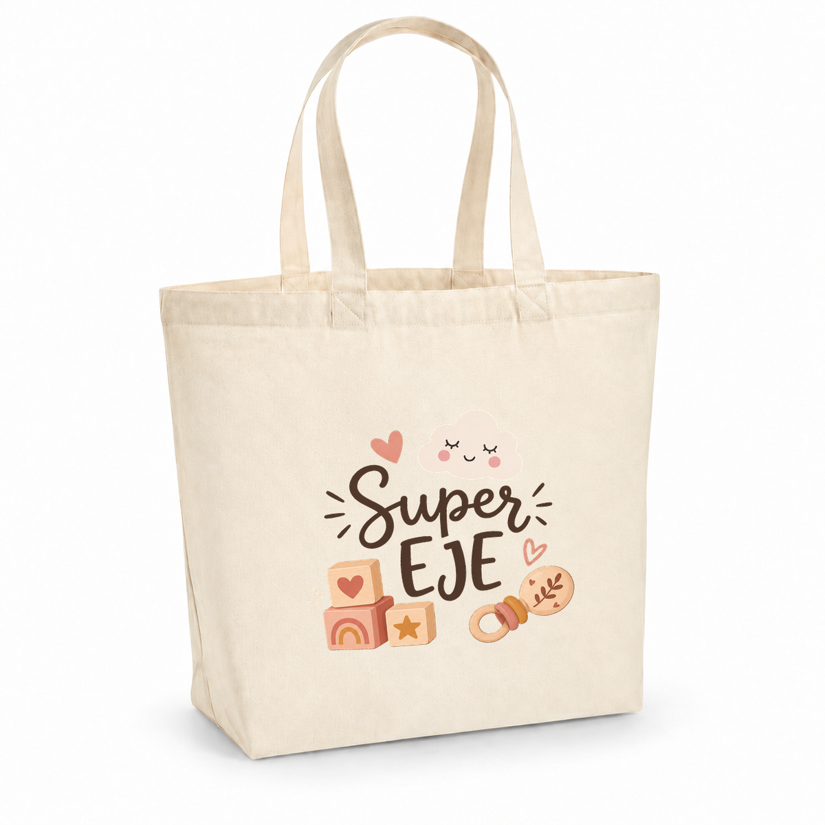 Tote bag éducatrice de jeunes enfants « Super EJE » Premium, cabas à soufflet en coton naturel 200 g/m² de 18 litres, illustration bohème de cubes en bois, d'un hochet, d'un petit nuage et de cœurs