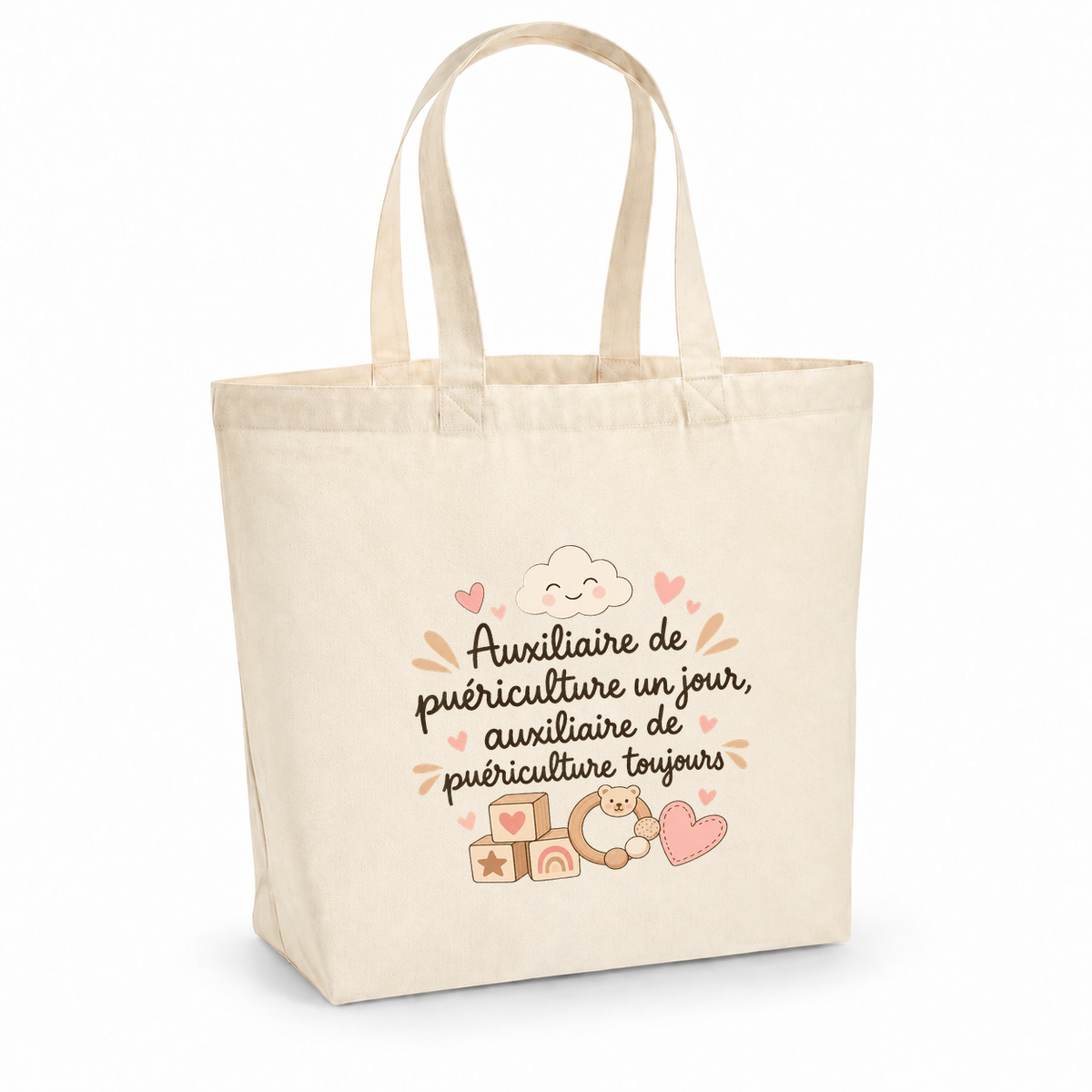 Tote bag auxiliaire de puériculture Premium, cabas à soufflet en coton naturel 200 g/m² de 18 litres, illustration bohème de cubes en bois, d'un hochet, d'un petit nuage et de cœurs