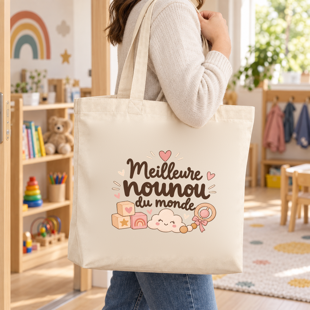 Tote bag nounou « Meilleure nounou du monde » Premium porté à l'épaule dans une chambre d'enfant décorée d'arcs-en-ciel