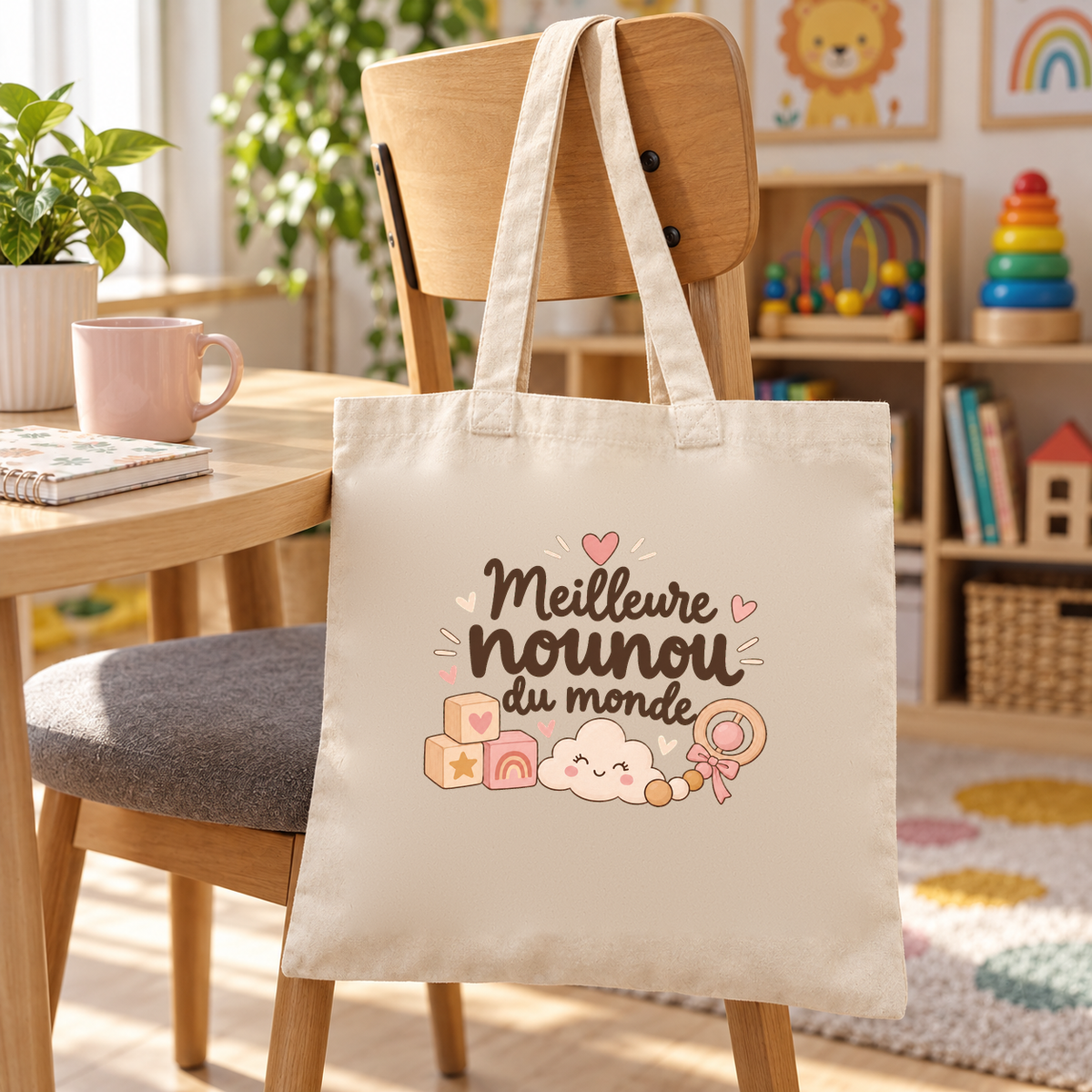 Tote bag nounou « Meilleure nounou du monde » Essentiel suspendu à une chaise dans une salle de jeux