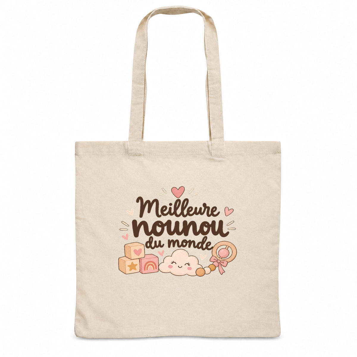 Tote bag nounou « Meilleure nounou du monde » Essentiel, sac plat en coton naturel 140 g/m² de 38 × 42 cm, illustration bohème de cubes en bois, d'un hochet, d'un petit nuage et de cœurs