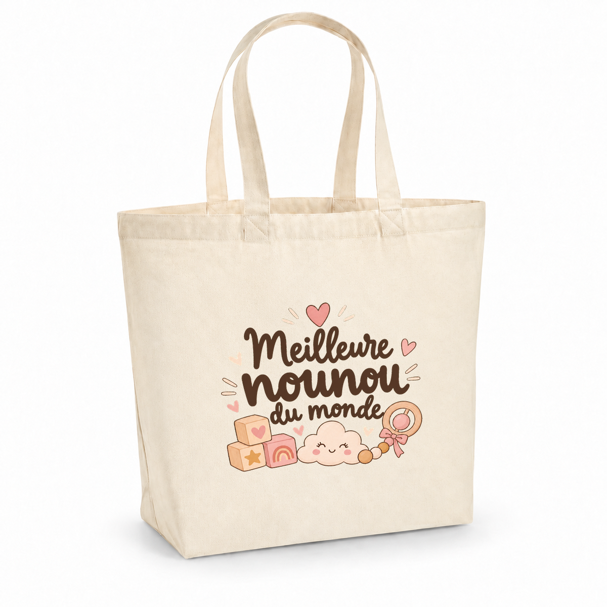 Tote bag nounou « Meilleure nounou du monde » Premium, cabas à soufflet en coton naturel 200 g/m² de 18 litres, illustration bohème de cubes en bois, d'un hochet, d'un petit nuage et de cœurs