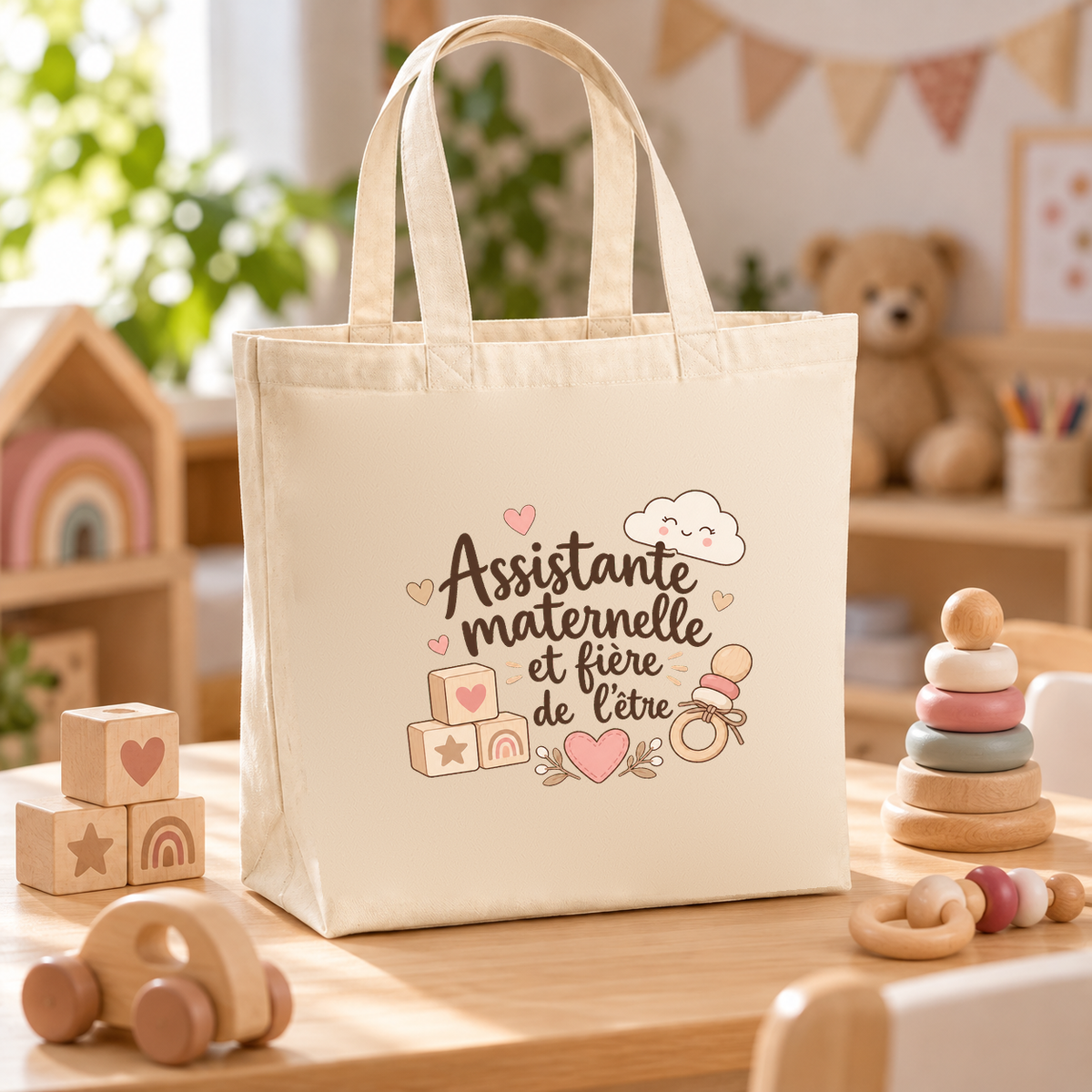 Tote bag assistante maternelle « Assistante maternelle et fière de l'être » Premium posé sur une table, à côté d'un ourson, d'une petite voiture en bois et d'une pyramide d'anneaux