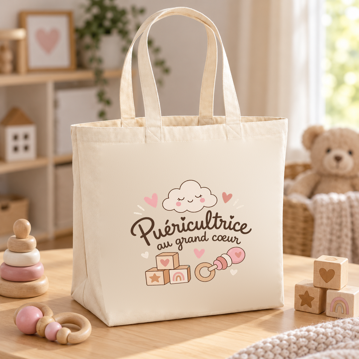 Tote bag puéricultrice « Puéricultrice au grand cœur » Premium posé sur une table, entre des cubes en bois et un ourson