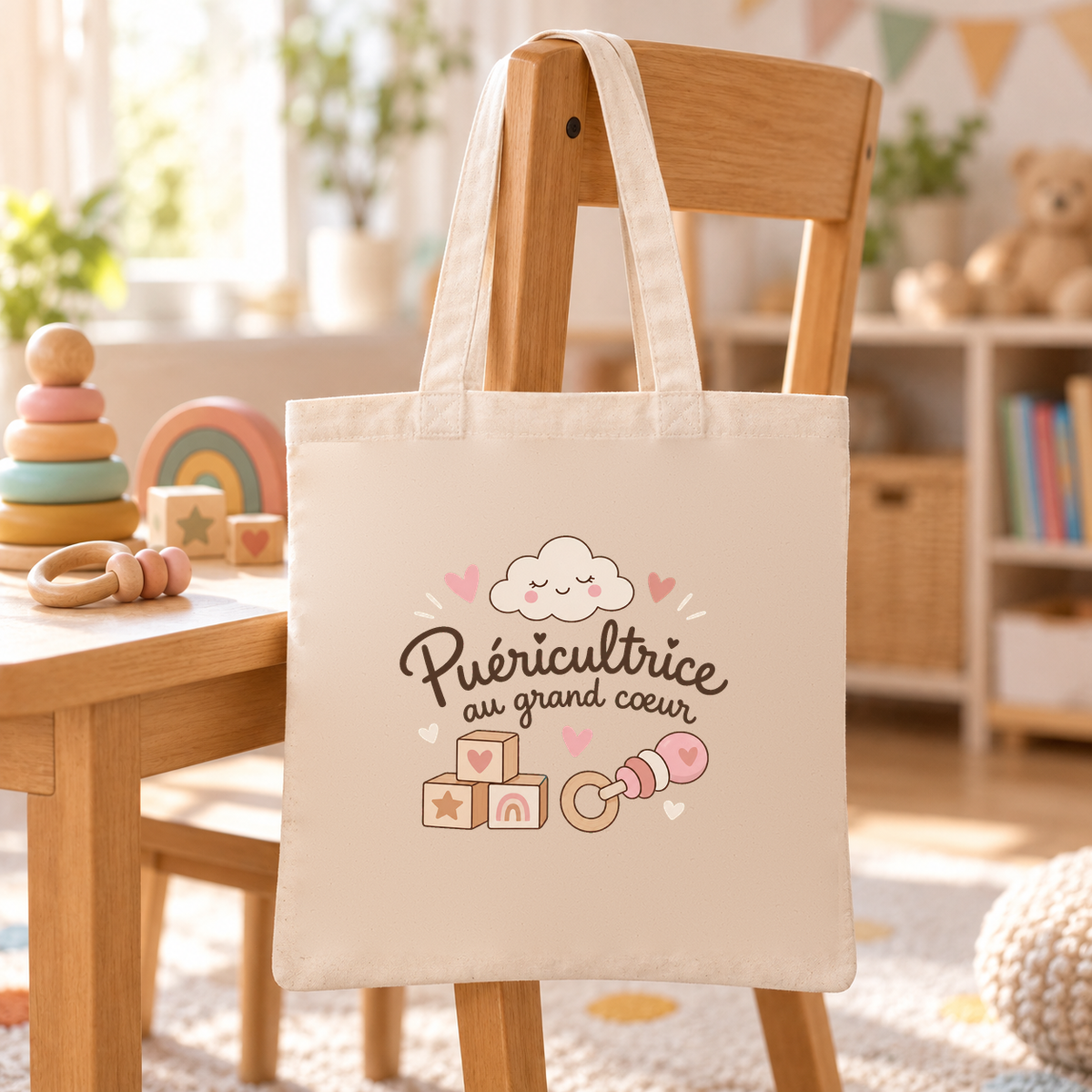 Tote bag puéricultrice « Puéricultrice au grand cœur » Essentiel suspendu à une chaise de bois dans une salle de jeux