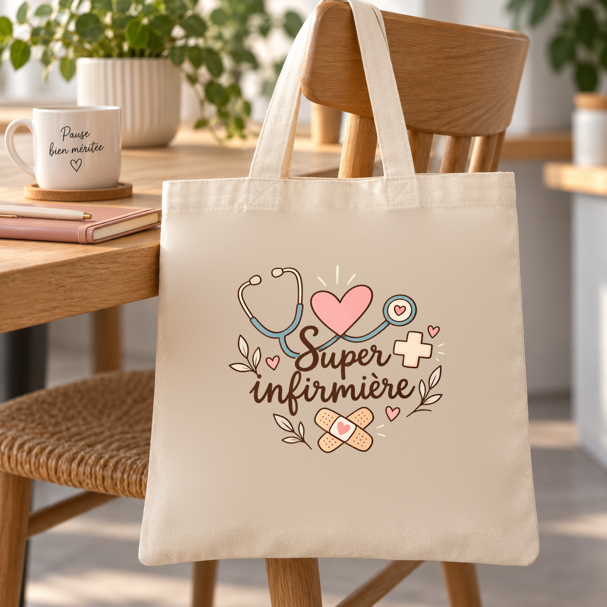 Tote bag infirmière « Super infirmière » Essentiel suspendu à une chaise en rotin, à côté d'un mug et de carnets