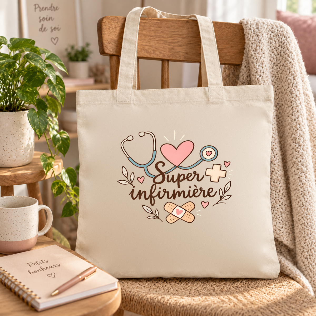 Tote bag infirmière « Super infirmière » Essentiel suspendu à une chaise près d'une fenêtre, avec un plaid et un mug