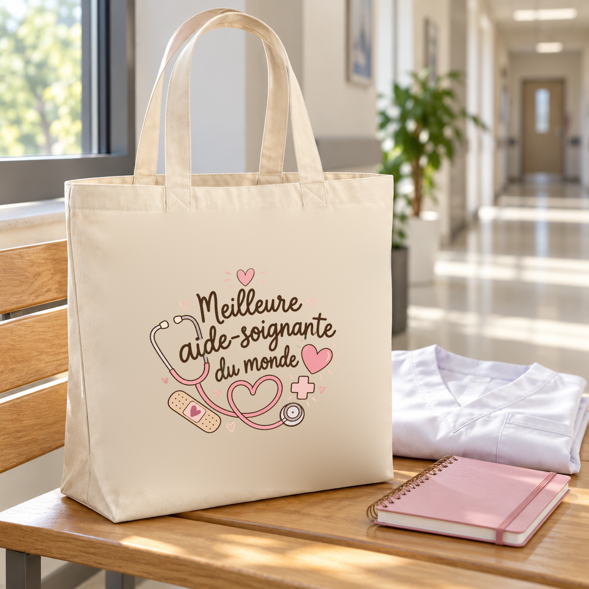 Tote bag aide-soignante « Meilleure aide-soignante du monde » Premium posé sur une table, à côté d'une blouse pliée et d'un carnet rose