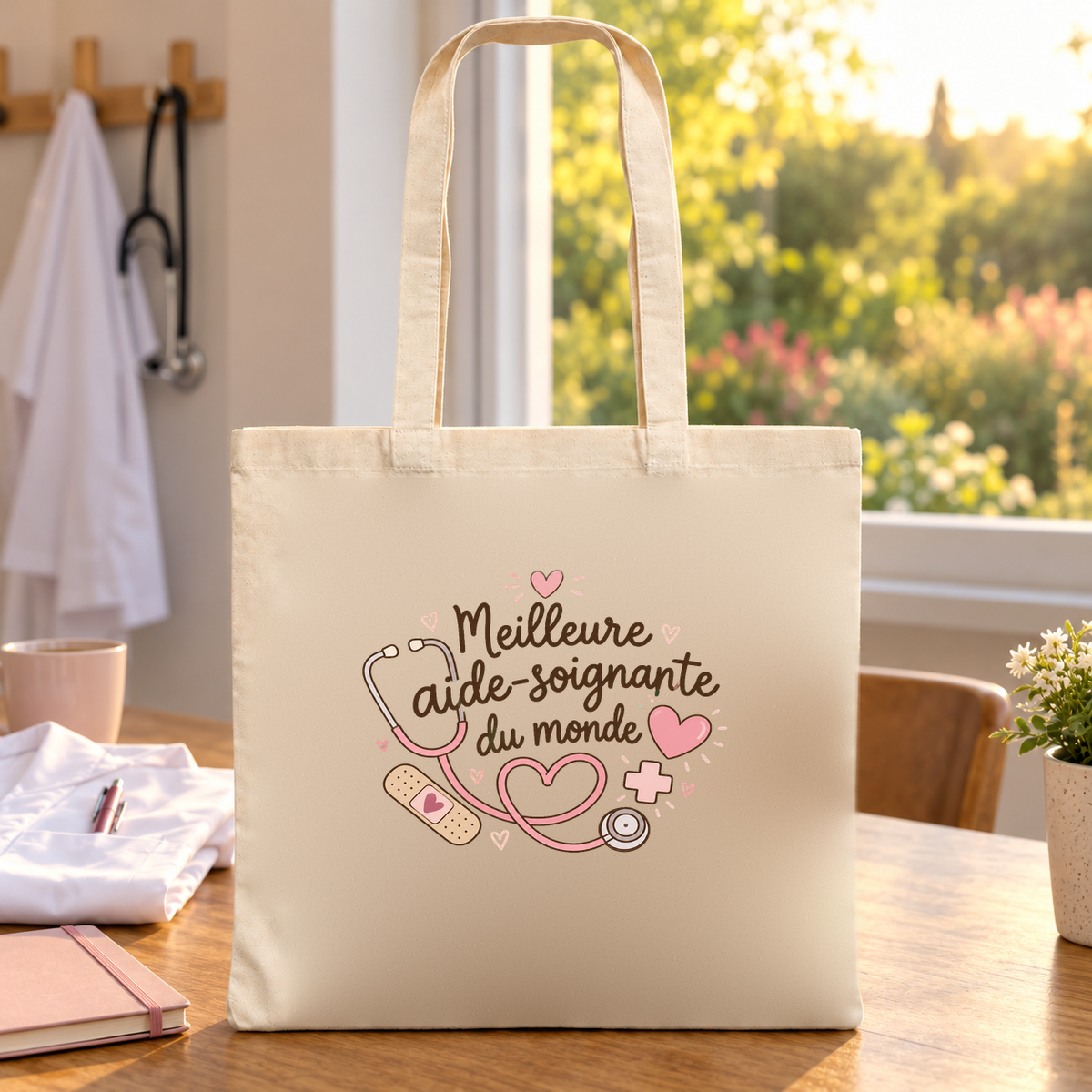 Tote bag aide-soignante « Meilleure aide-soignante du monde » Essentiel posé sur une table près d'une fenêtre ensoleillée, à côté d'une blouse