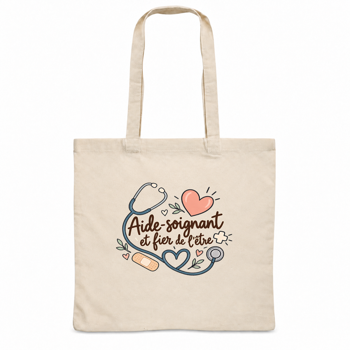 Tote bag aide-soignant « Aide-soignant et fier de l'être » Essentiel, sac plat en coton naturel 140 g/m² de 38 × 42 cm, illustration bohème d'un stéthoscope, de cœurs, d'une petite croix et d'un pansement