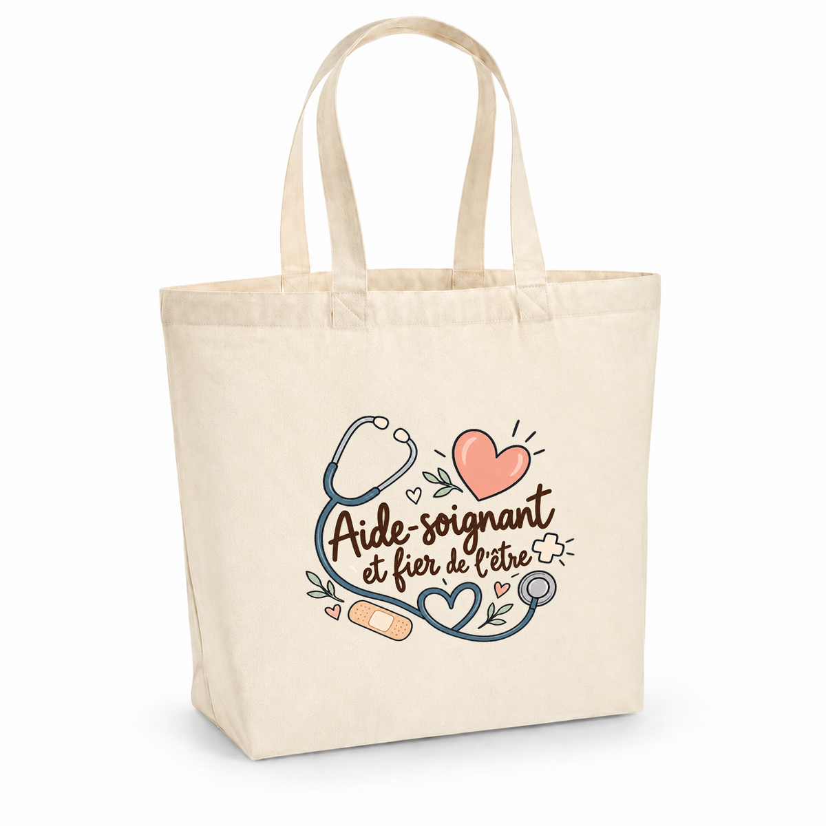 Tote bag aide-soignant « Aide-soignant et fier de l'être » Premium, cabas à soufflet en coton naturel 200 g/m² de 18 litres, illustration bohème d'un stéthoscope, de cœurs, d'une petite croix et d'un pansement