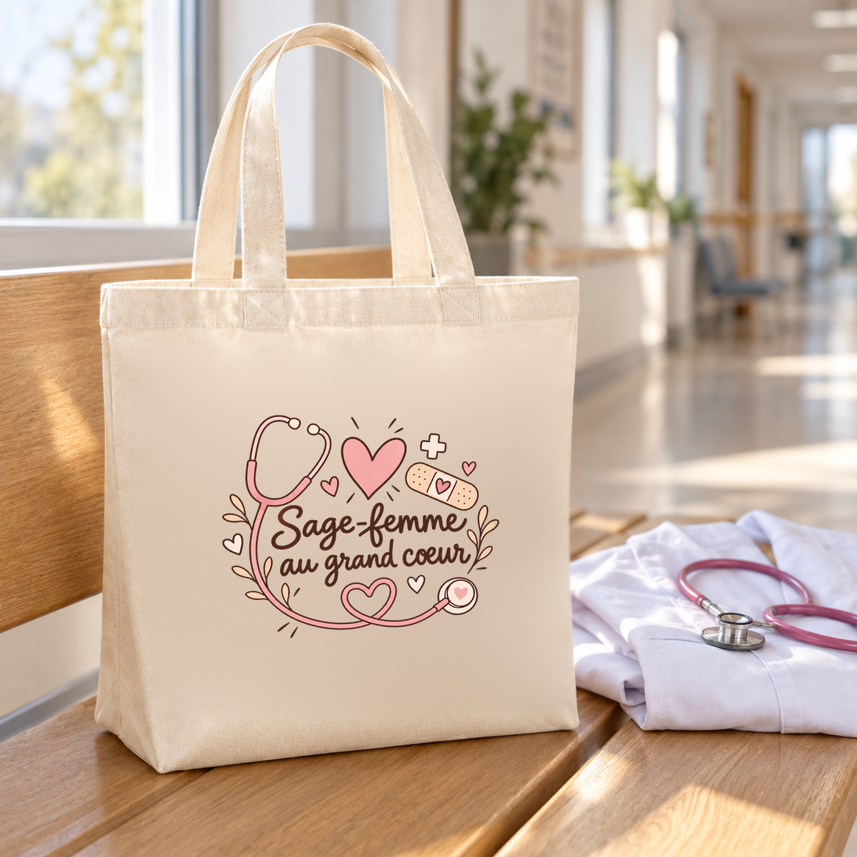 Tote bag sage-femme « Sage-femme au grand cœur » Premium posé sur un banc, à côté d'une blouse et d'un stéthoscope
