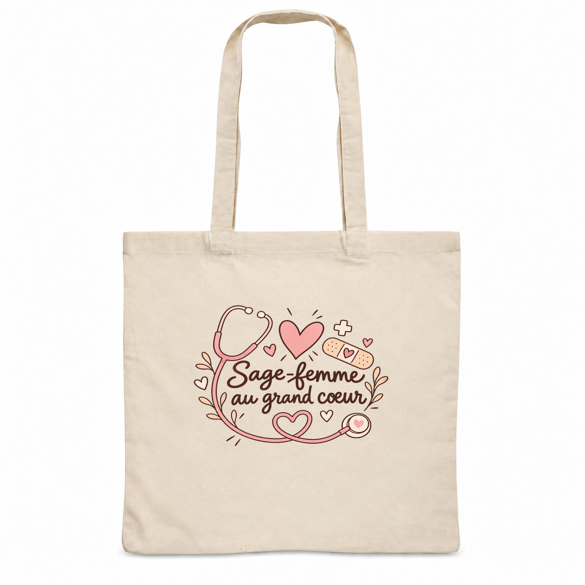 Tote bag sage-femme « Sage-femme au grand cœur » Essentiel, sac plat en coton naturel 140 g/m² de 38 × 42 cm, illustration bohème d'un stéthoscope, de cœurs, d'une petite croix et d'un pansement