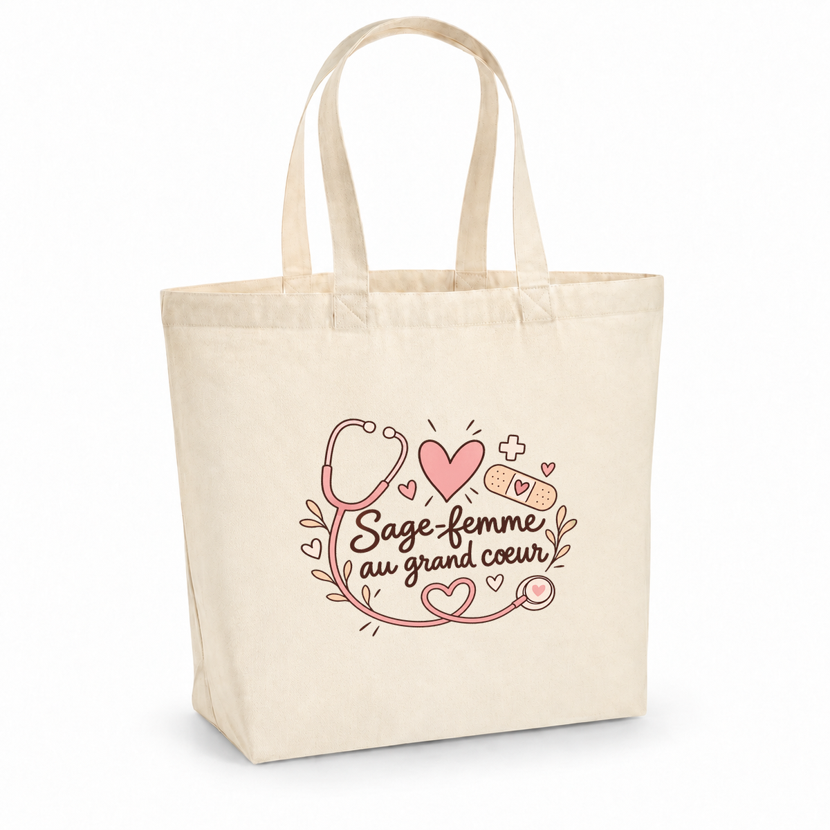 Tote bag sage-femme « Sage-femme au grand cœur » Premium, cabas à soufflet en coton naturel 200 g/m² de 18 litres, illustration bohème d'un stéthoscope, de cœurs, d'une petite croix et d'un pansement