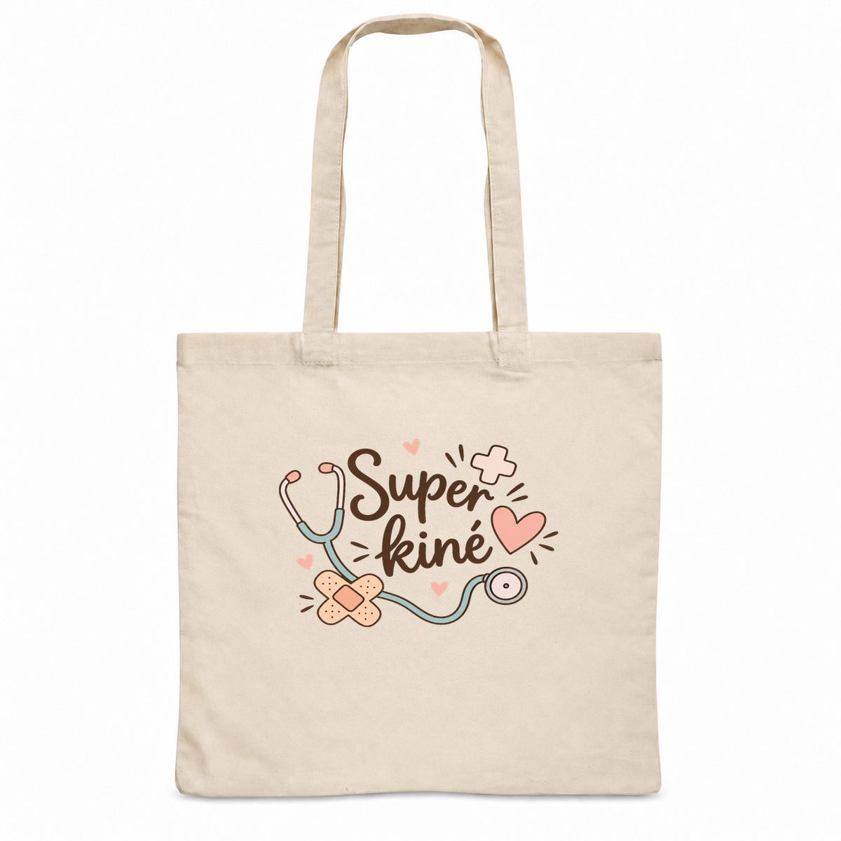 Tote bag kinésithérapeute « Super kiné » Essentiel, sac plat en coton naturel 140 g/m² de 38 × 42 cm, illustration bohème d'un stéthoscope, de cœurs, d'une petite croix et d'un pansement