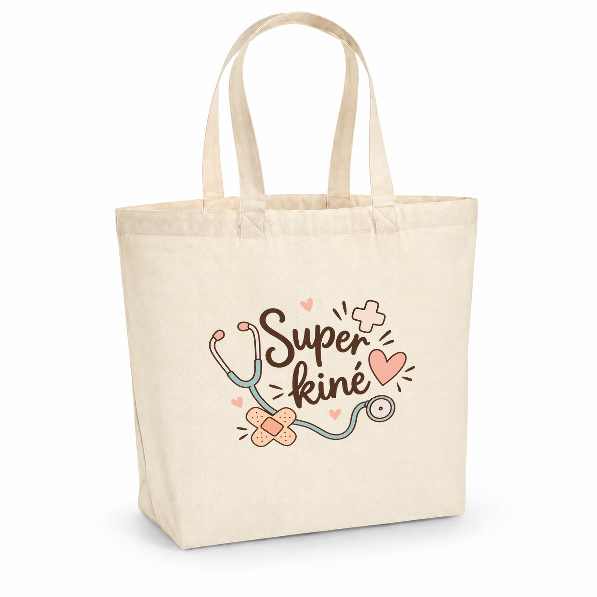 Tote bag kinésithérapeute « Super kiné » Premium, cabas à soufflet en coton naturel 200 g/m² de 18 litres, illustration bohème d'un stéthoscope, de cœurs, d'une petite croix et d'un pansement