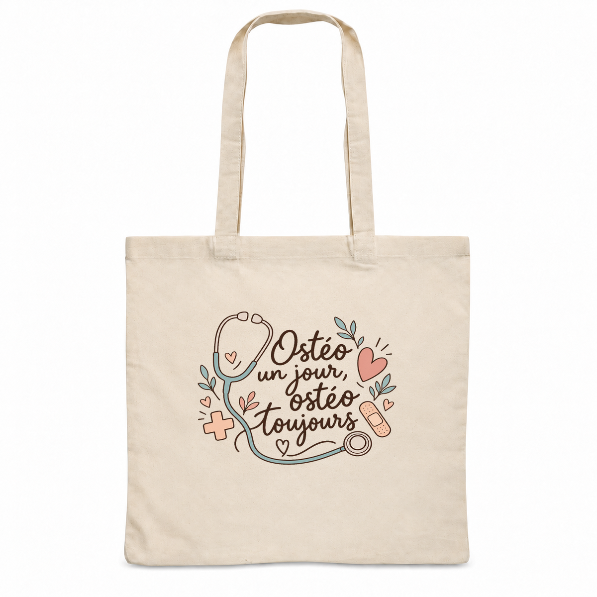 Tote bag ostéopathe « Ostéo un jour, ostéo toujours » Essentiel, sac plat en coton naturel 140 g/m² de 38 × 42 cm, illustration bohème d'un stéthoscope, de cœurs, d'une petite croix et d'un pansement