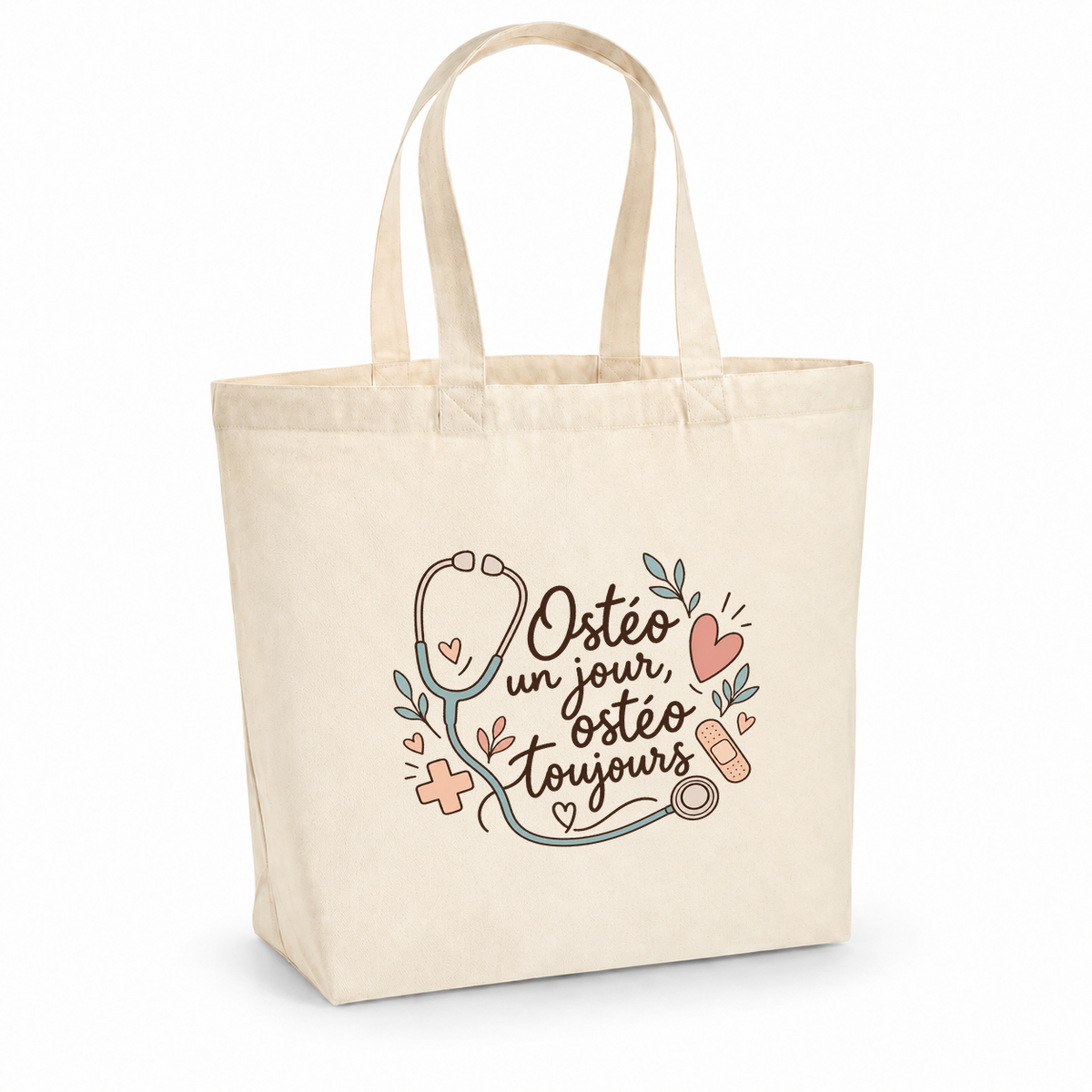 Tote bag ostéopathe « Ostéo un jour, ostéo toujours » Premium, cabas à soufflet en coton naturel 200 g/m² de 18 litres, illustration bohème d'un stéthoscope, de cœurs, d'une petite croix et d'un pansement