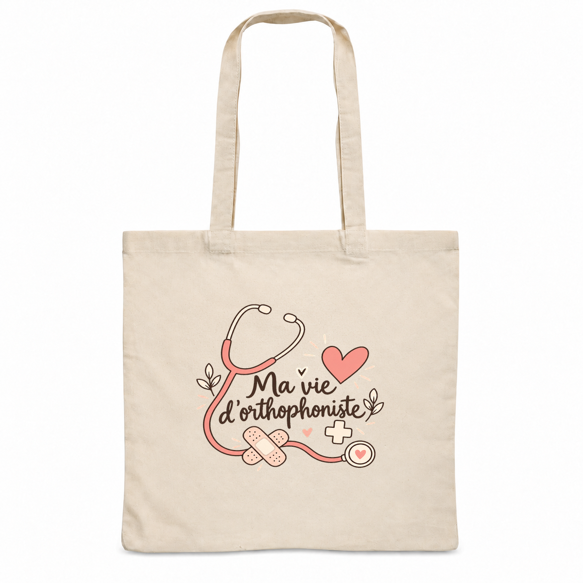 Tote bag orthophoniste « Ma vie d'orthophoniste » Essentiel, sac plat en coton naturel 140 g/m² de 38 × 42 cm, illustration bohème d'un stéthoscope, de cœurs, d'une petite croix et d'un pansement