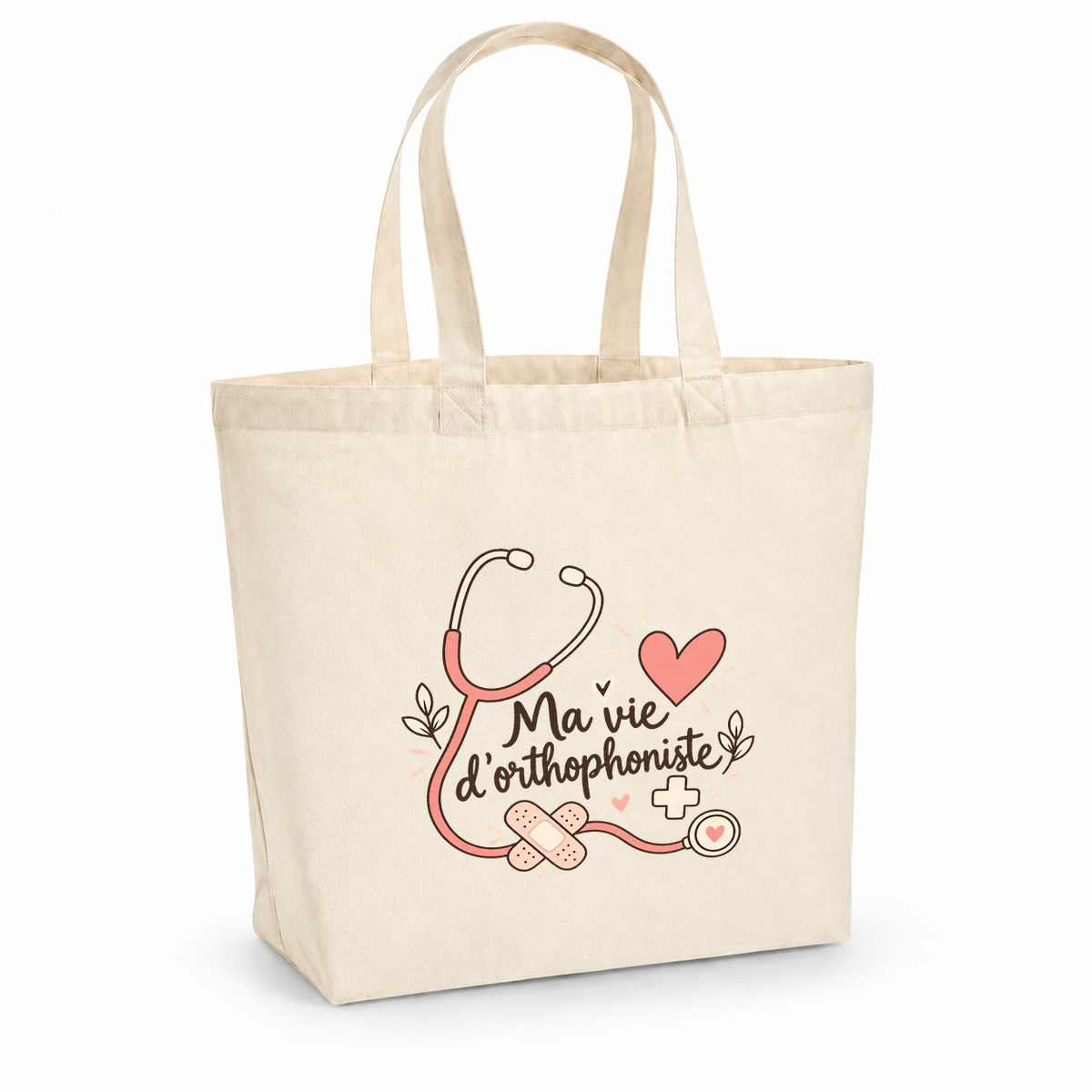 Tote bag orthophoniste « Ma vie d'orthophoniste » Premium, cabas à soufflet en coton naturel 200 g/m² de 18 litres, illustration bohème d'un stéthoscope, de cœurs, d'une petite croix et d'un pansement