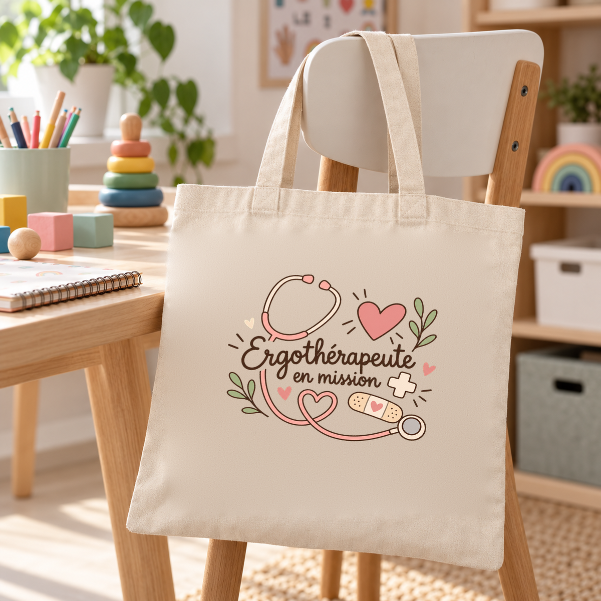 Tote bag ergothérapeute « Ergothérapeute en mission » Essentiel suspendu à une chaise dans une salle d'activités, près de jeux en bois