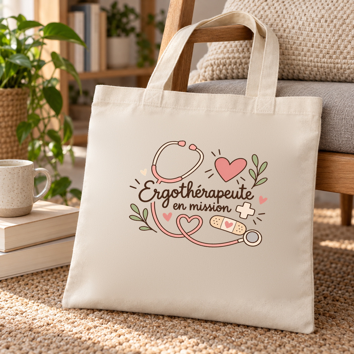 Tote bag ergothérapeute « Ergothérapeute en mission » Essentiel posé sur une banquette, à côté d'une tasse et de livres