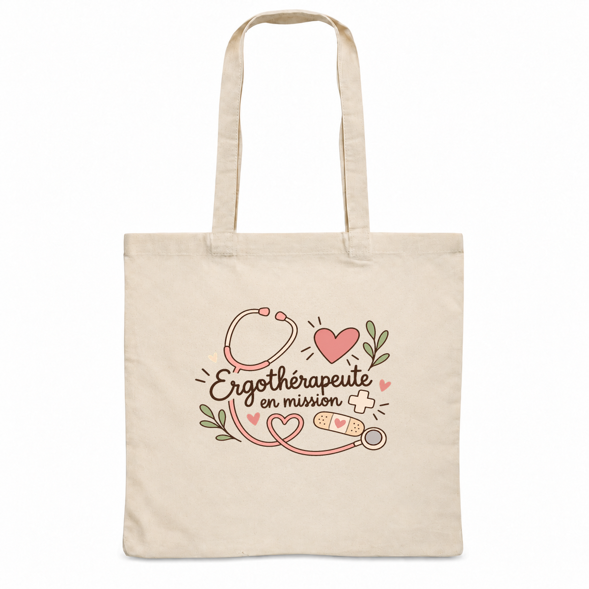 Tote bag ergothérapeute « Ergothérapeute en mission » Essentiel, sac plat en coton naturel 140 g/m² de 38 × 42 cm, illustration bohème d'un stéthoscope, de cœurs, d'une petite croix et d'un pansement