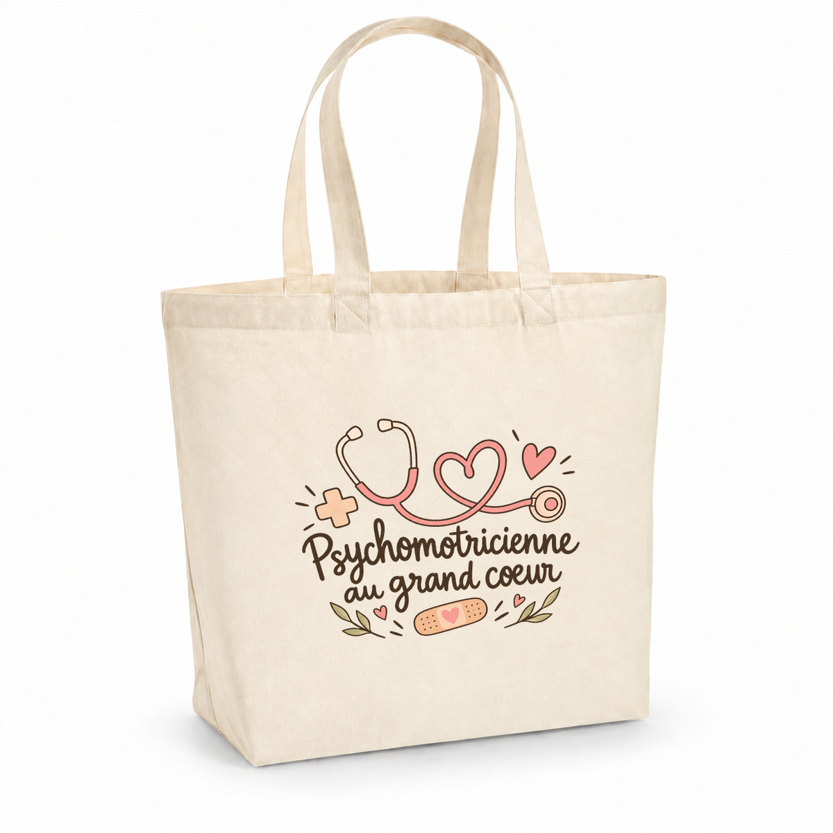 Tote bag psychomotricienne « Psychomotricienne au grand cœur » Premium, cabas à soufflet en coton naturel 200 g/m² de 18 litres, illustration bohème d'un stéthoscope, de cœurs, d'une petite croix et d'un pansement