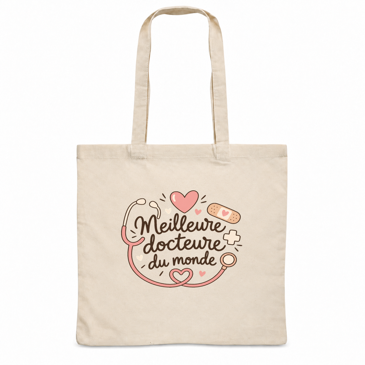 Tote bag médecin « Meilleure docteure du monde » Essentiel, sac plat en coton naturel 140 g/m² de 38 × 42 cm, illustration bohème d'un stéthoscope, de cœurs, d'une petite croix et d'un pansement