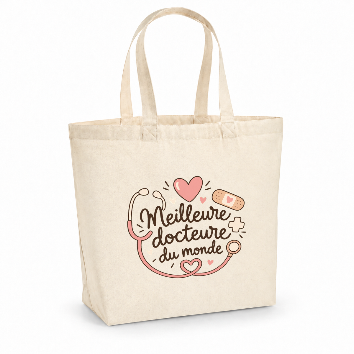 Tote bag médecin « Meilleure docteure du monde » Premium, cabas à soufflet en coton naturel 200 g/m² de 18 litres, illustration bohème d'un stéthoscope, de cœurs, d'une petite croix et d'un pansement