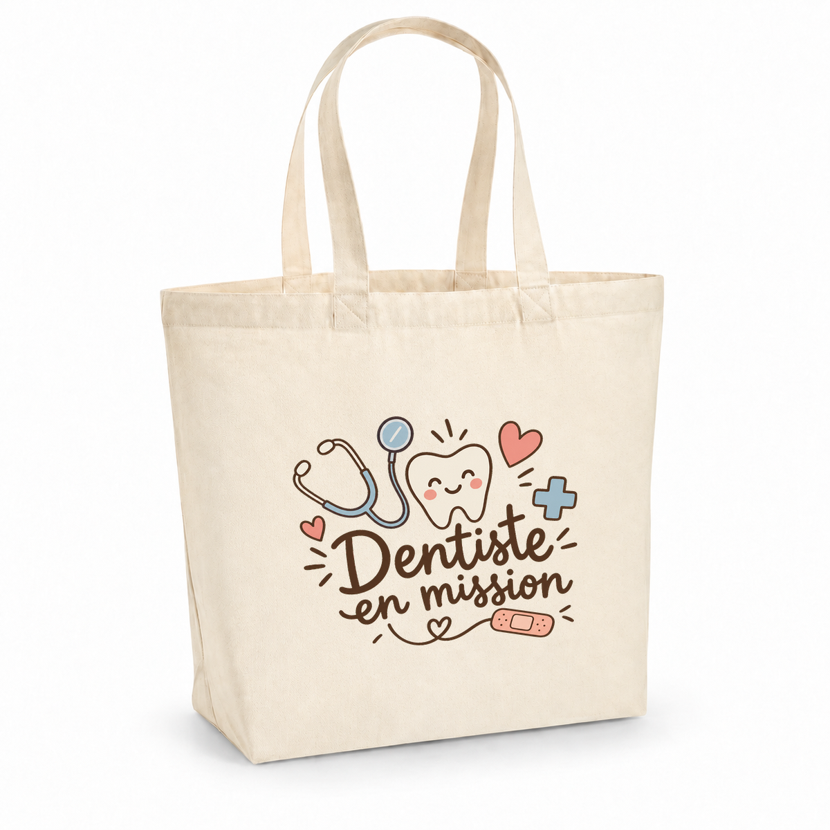 Tote bag dentiste « Dentiste en mission » Premium, cabas à soufflet en coton naturel 200 g/m² de 18 litres, illustration bohème d'une dent souriante, d'un stéthoscope, de cœurs et d'un pansement