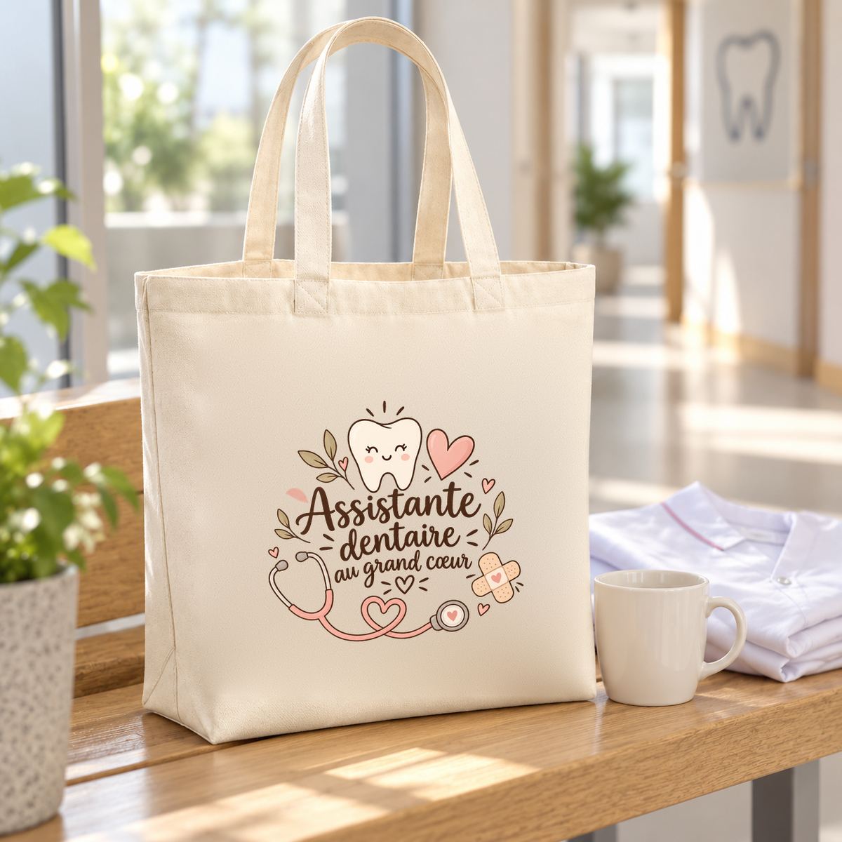 Tote bag assistante dentaire « Assistante dentaire au grand cœur » Premium posé sur une table, à côté d'une blouse pliée et d'un mug