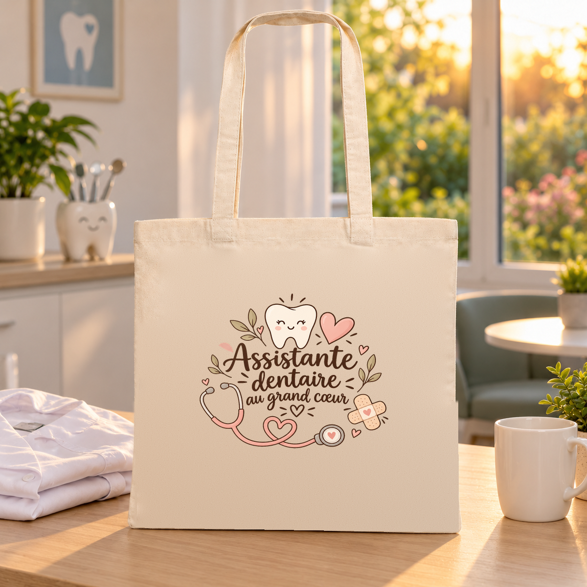Tote bag assistante dentaire « Assistante dentaire au grand cœur » Essentiel posé sur une table près d'une fenêtre ensoleillée, à côté d'un mug