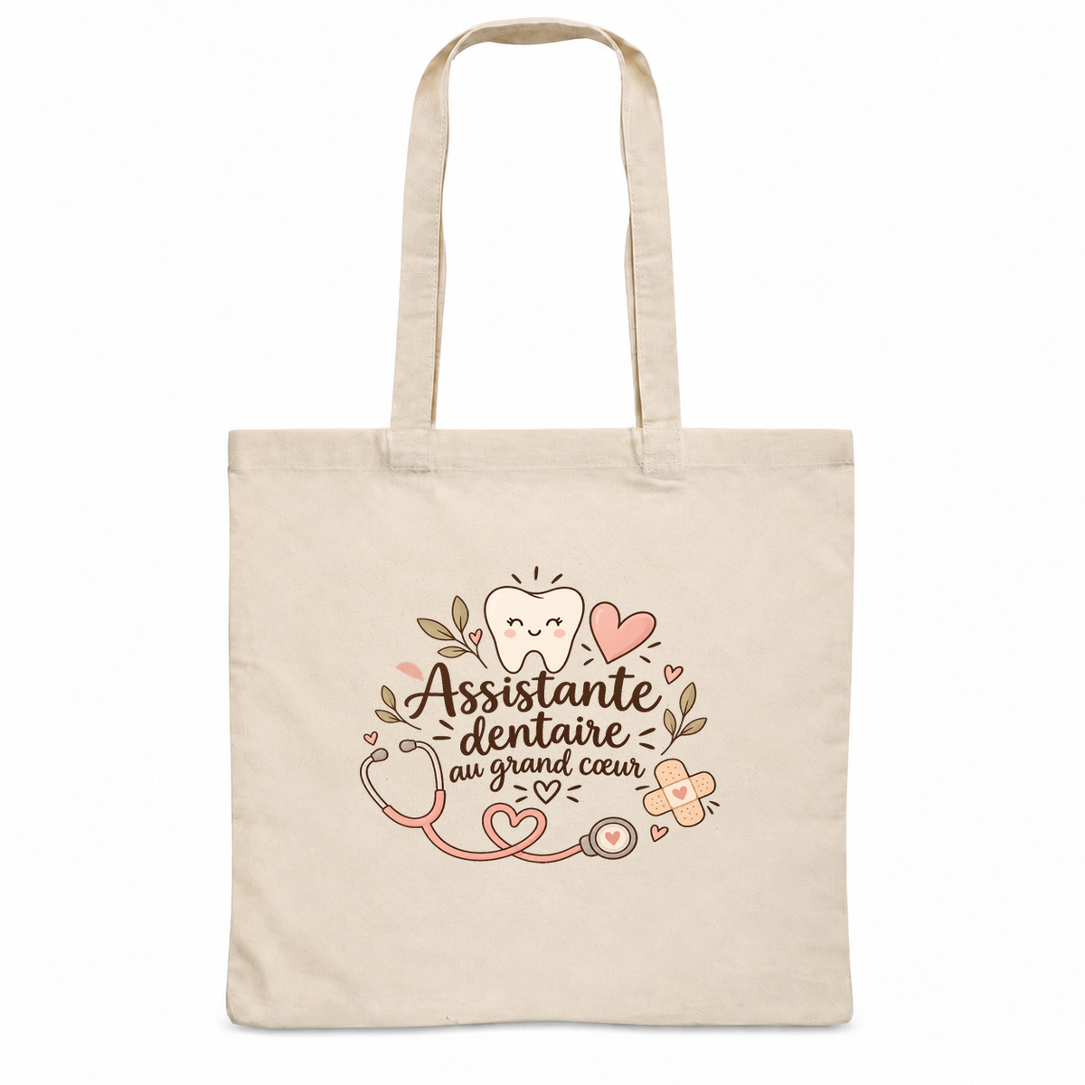 Tote bag assistante dentaire « Assistante dentaire au grand cœur » Essentiel, sac plat en coton naturel 140 g/m² de 38 × 42 cm, illustration bohème d'une dent souriante, d'un stéthoscope, de cœurs et d'un pansement