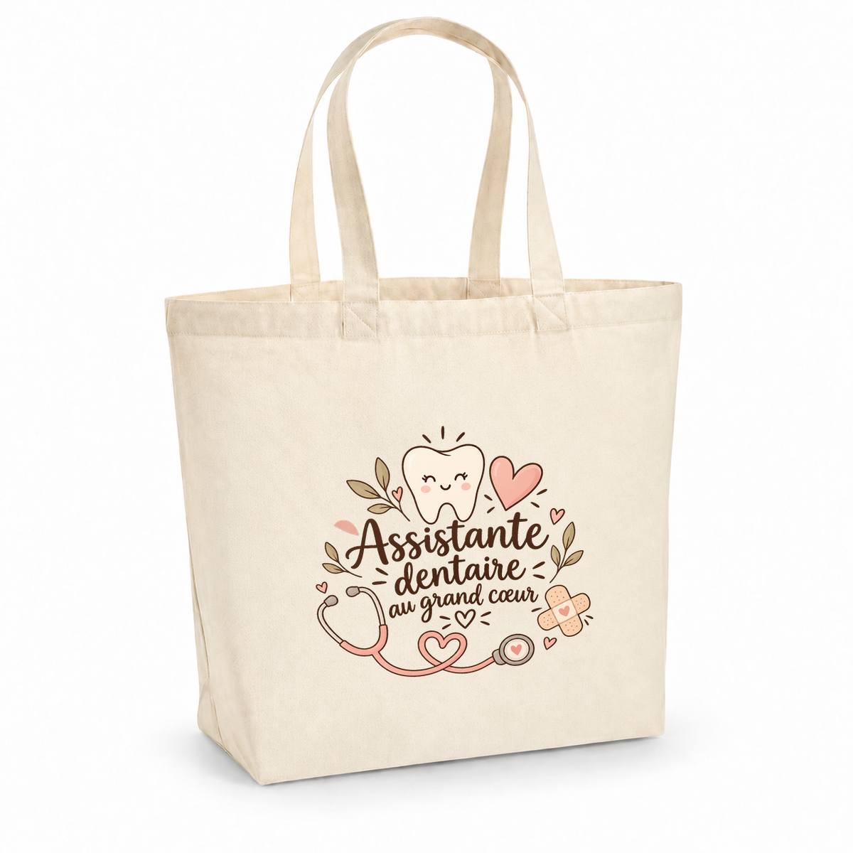 Tote bag assistante dentaire « Assistante dentaire au grand cœur » Premium, cabas à soufflet en coton naturel 200 g/m² de 18 litres, illustration bohème d'une dent souriante, d'un stéthoscope, de cœurs et d'un pansement
