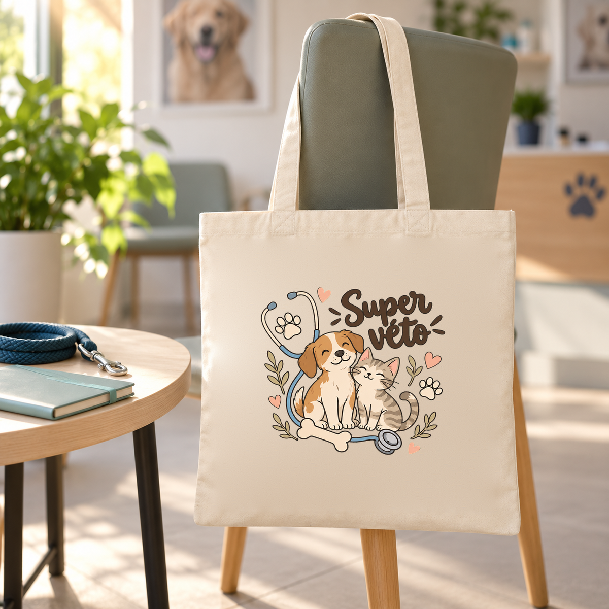 Tote bag vétérinaire « Super véto » Essentiel suspendu à une chaise dans la salle d'attente, à côté d'une laisse