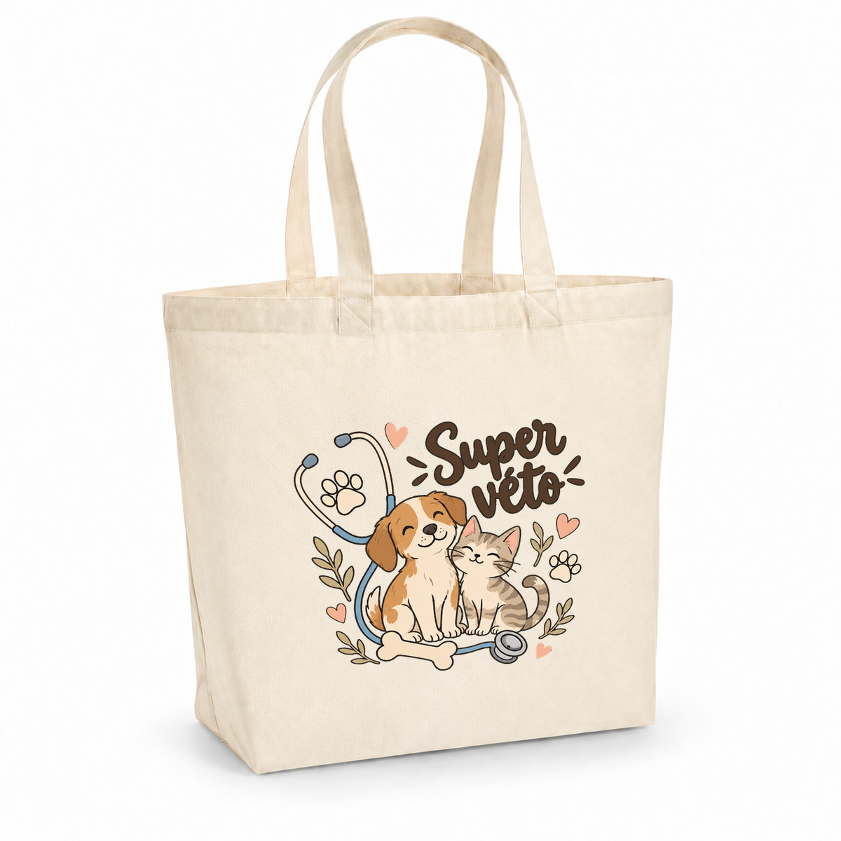 Tote bag vétérinaire « Super véto » Premium, cabas à soufflet en coton naturel 200 g/m² de 18 litres, illustration bohème d'un chiot et d'un chaton blottis l'un contre l'autre, d'un stéthoscope, d'un os et de pattes