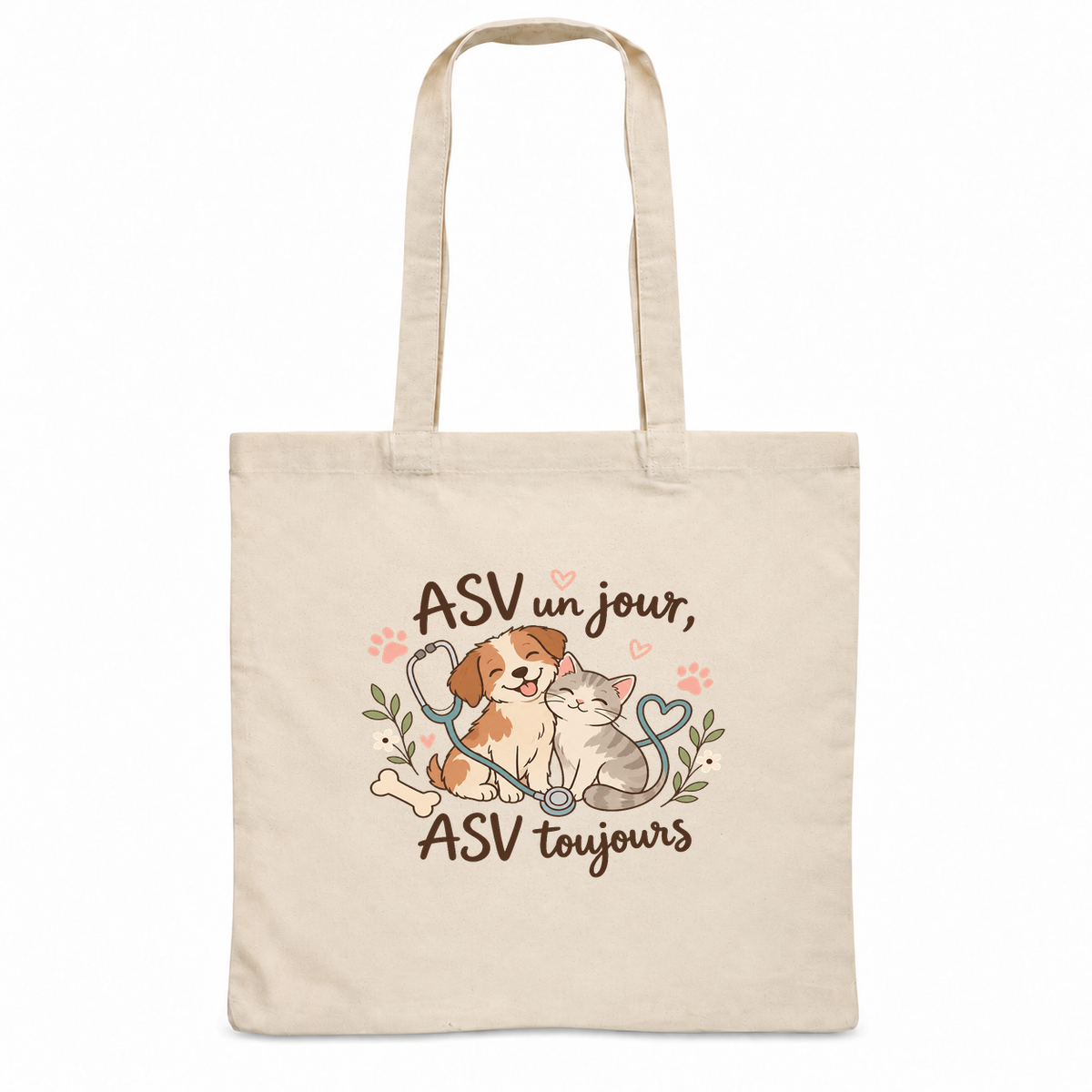 Tote bag auxiliaire vétérinaire « ASV un jour, ASV toujours » Essentiel, sac plat en coton naturel 140 g/m² de 38 × 42 cm, illustration bohème d'un chiot, d'un chaton, d'un stéthoscope et d'un os