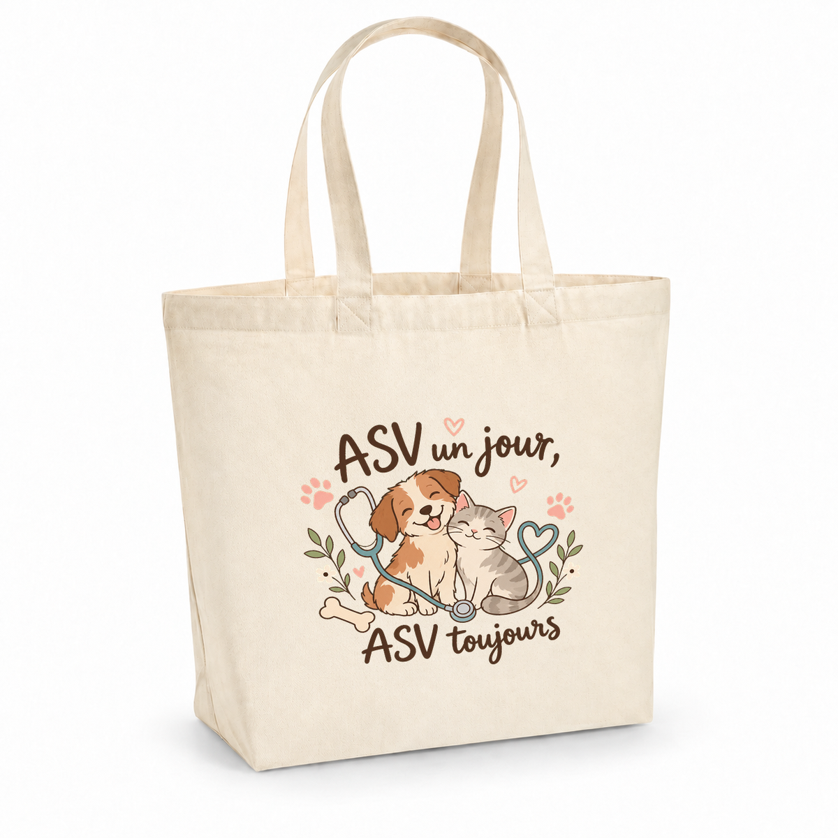 Tote bag auxiliaire vétérinaire « ASV un jour, ASV toujours » Premium, cabas à soufflet en coton naturel 200 g/m² de 18 litres, illustration bohème d'un chiot, d'un chaton, d'un stéthoscope et d'un os