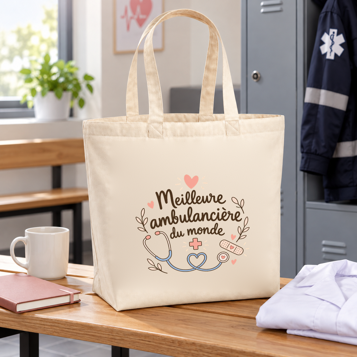 Tote bag ambulancière « Meilleure ambulancière du monde » Premium posé sur une table, à côté d'un mug et d'une blouse pliée