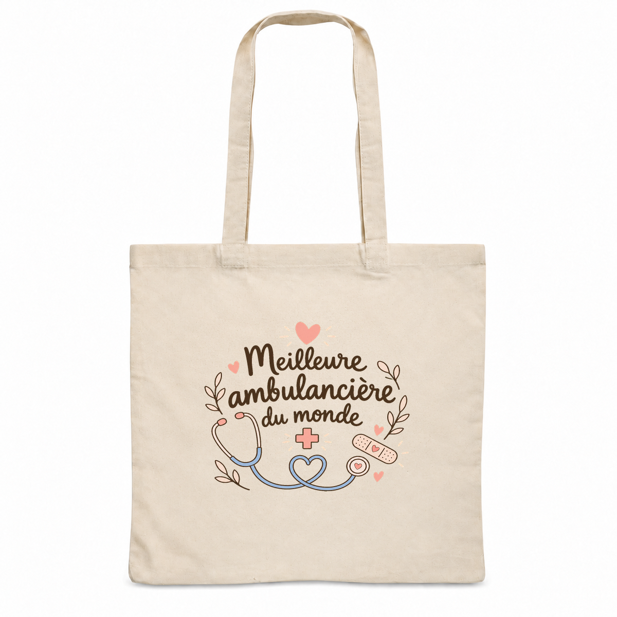 Tote bag ambulancière « Meilleure ambulancière du monde » Essentiel, sac plat en coton naturel 140 g/m² de 38 × 42 cm, illustration bohème d'un stéthoscope, de cœurs, d'une petite croix et d'un pansement