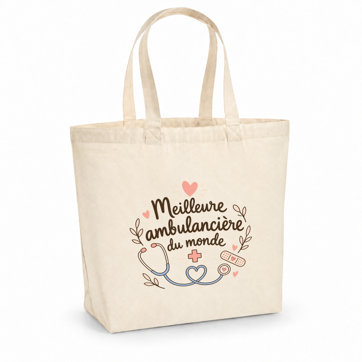 Tote bag ambulancière « Meilleure ambulancière du monde » Premium, cabas à soufflet en coton naturel 200 g/m² de 18 litres, illustration bohème d'un stéthoscope, de cœurs, d'une petite croix et d'un pansement